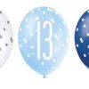 12" Latex Glitz Blue & Silver 13th Birthday Balloons, Pack of 6