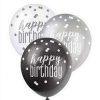 12" Latex Glitz Black & Silver Happy Birthday Balloons, Pack of 6