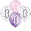 12" Latex Glitz Pink & Silver 13th Birthday Balloons, Pack of 6