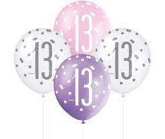 12" Latex Glitz Pink & Silver 13th Birthday Balloons, Pack of 6