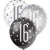 12" Latex Glitz Black & Silver 16th Birthday Balloons, Pack of 6