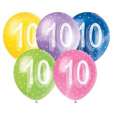 12" Latex Assorted Number 10 Birthday Balloons, Pack of 5