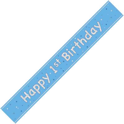 9ft Glitz Blue Happy 1st Birthday Banner