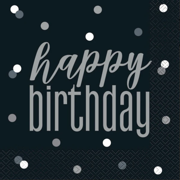 Glitz Black & Silver Happy Birthday Napkins, Pack of 16