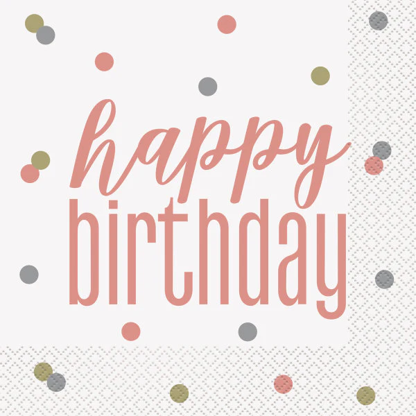 Glitz Rose Gold Happy Birthday Napkins, Pack of 16