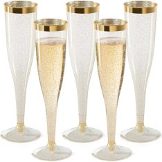 Gold Glitter Plastic Champagne Flutes, Pack of 4