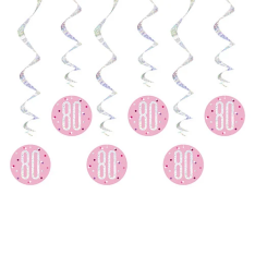 Hanging Swirl Glitz Pink & Silver 80th Birthday Decorations, Pack of 6