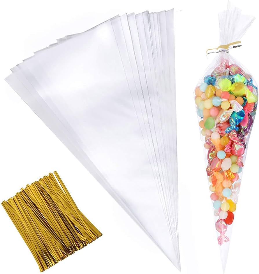 Large Clear Cone Cellophane Bags, Pack of 25