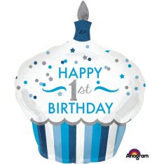 1st Birthday Cupcake Blue 36" Supershape Foil Balloon
