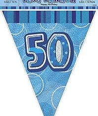 9ft Glitz Blue & Silver 50th Birthday Bunting Banner