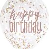 Rose Gold Happy Birthday Balloons (30cm) - Confetti-Filled & Clear Printed Design