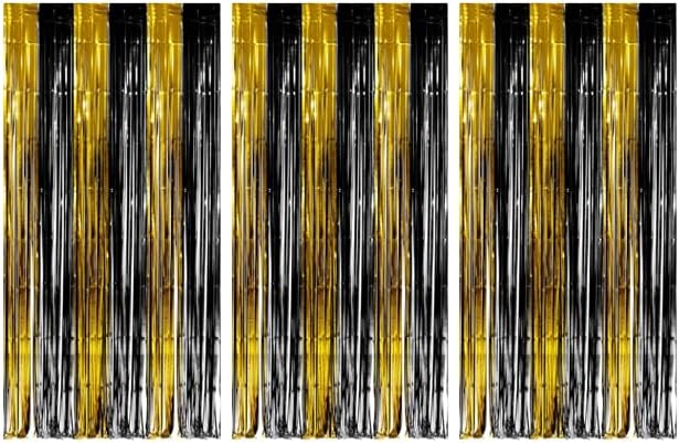 3pcs 2M X 1M Metallic Tinsel Curtains Aluminium Foil Flow Silk Curtain, Black and Gold - Image 2