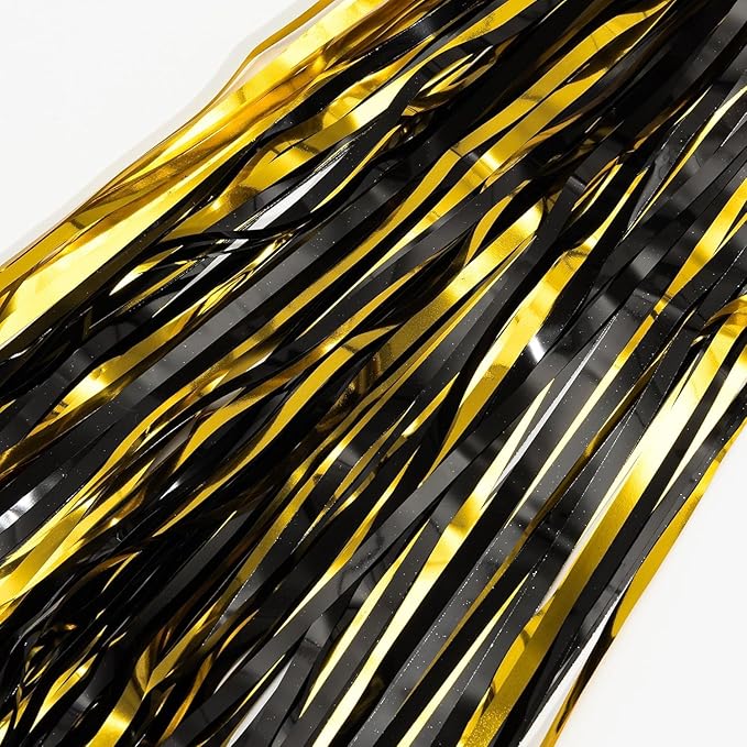 3pcs 2M X 1M Metallic Tinsel Curtains Aluminium Foil Flow Silk Curtain, Black and Gold - Image 3