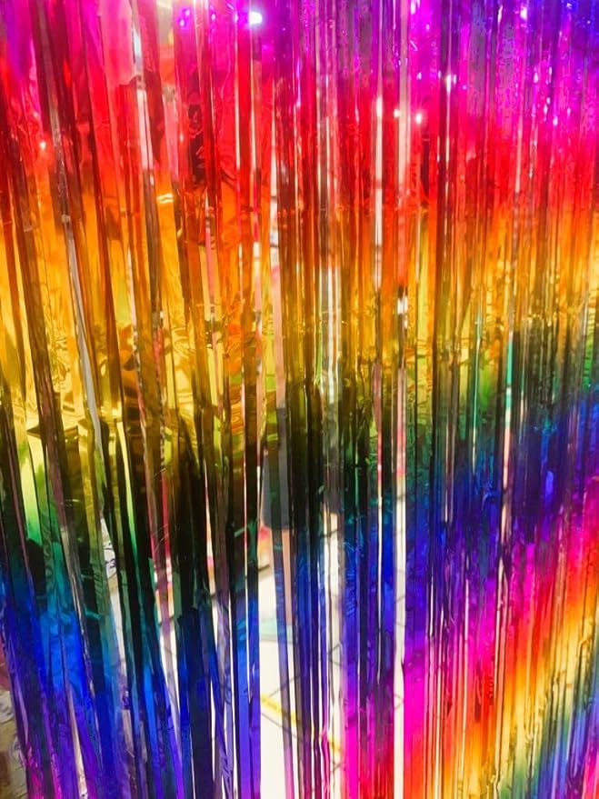 3pcs 2M X 1M Metallic Tinsel Curtains Aluminium Foil Flow Silk Curtain, Rainbow - Image 2