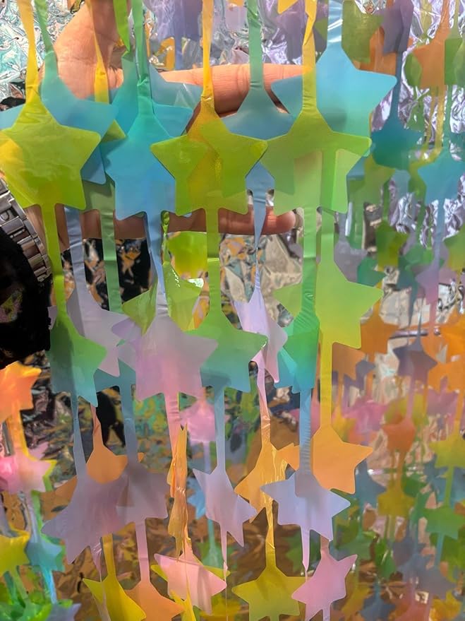 3pcs 2M X 1M Metallic Tinsel Curtains Aluminium Foil Flow Silk Curtain, Star Shaped Pastel Rainbow - Image 2