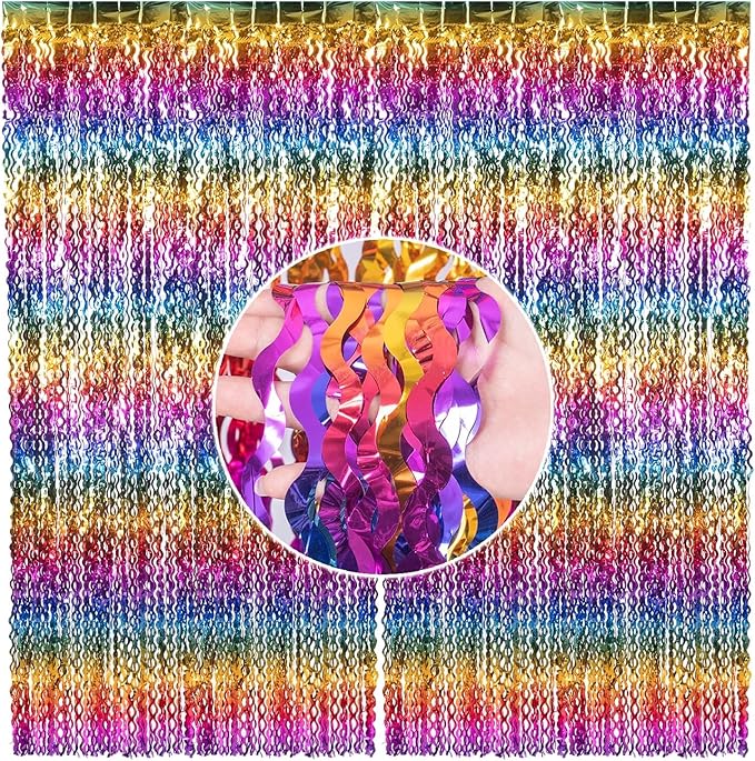 3pcs 2M X 1M Metallic Tinsel Curtains Aluminium Foil Flow Silk Curtain, Rainbow Wave - Image 3