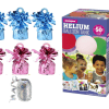 Large Helium Canister with silver Curling Ribbon and Light pink/Light blue 6 Foil Balloon Weights
