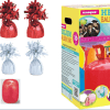 Small Helium Canister with Red Curling Ribbon and White/Red 6 Foil Balloon Weights