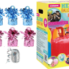 Small Helium Canister with Silver Curling Ribbon and Light pink/Light blue 6 Foil Balloon Weights