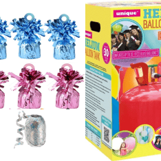 Small Helium Canister with Silver Curling Ribbon and Light pink/Light blue 6 Foil Balloon Weights