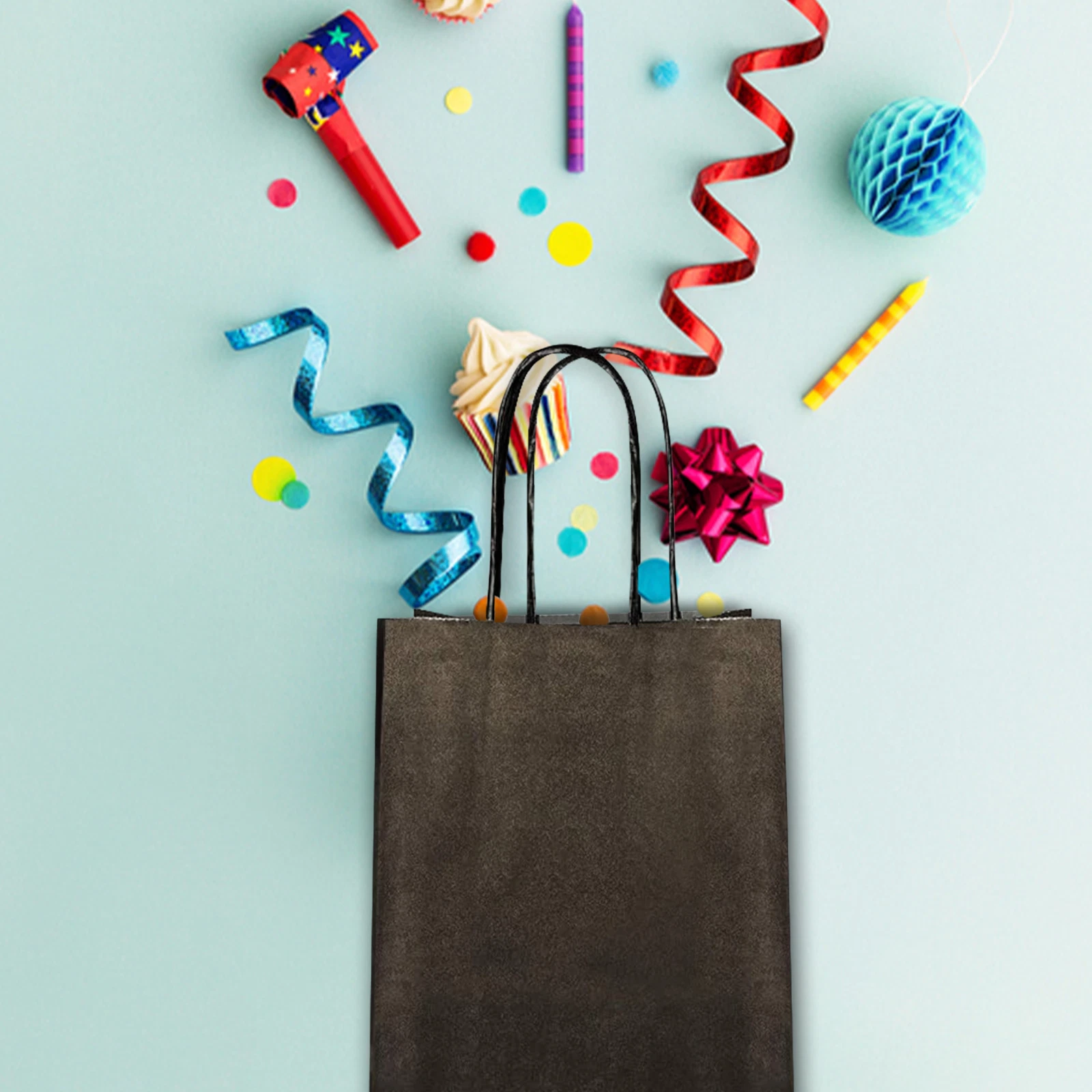 Black Paper Party Bags with Colored Handles, Pack of 12