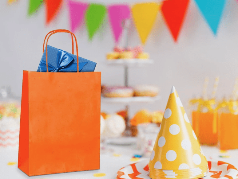 Orange Paper Party Bags with Colored Handles, Pack of 12