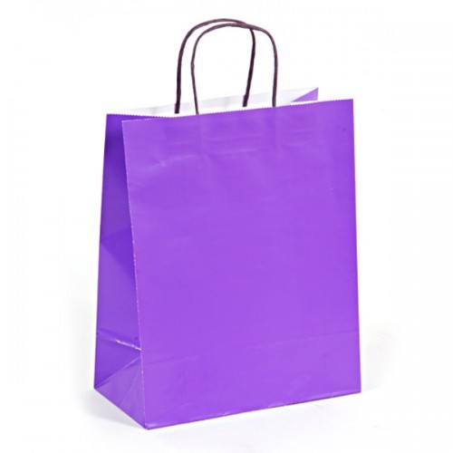 Purple Paper Party Bags with Colored Handles, Pack of 12