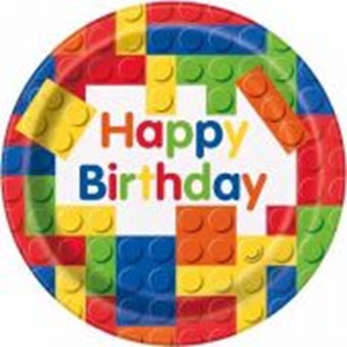 Building Blocks Happy Birthday Round Paper Plates