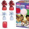 Large Helium Canister with Red Curling Ribbon and White/Red 6 Foil Balloon Weights
