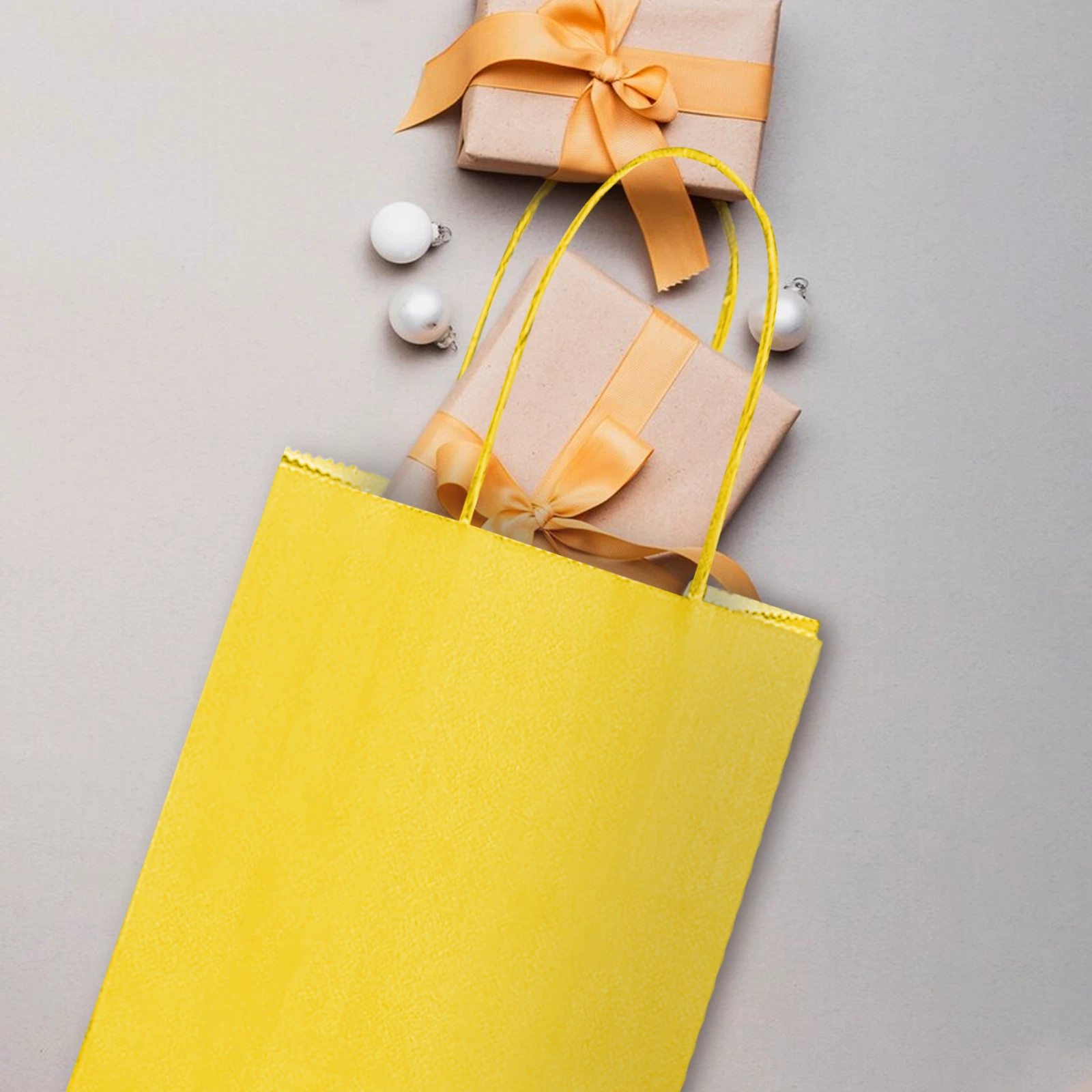 Yellow Paper Party Bags with Colored Handles, Pack of 12