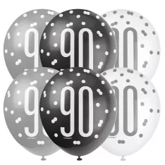 Latex Glitz Black & Silver 90th Birthday Balloons, Pack of 6