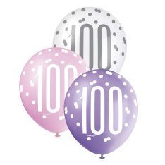 Latex Glitz Pink & Silver 100th Birthday Balloons, Pack of 6