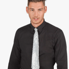 Silver Tie with Elastic Band Spangles Sequins