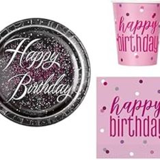 Glitz Foil Birthday Pink Combo of 64 ct - Plates : 16 ct Cups: 16 ct Napkins: 32 ct
