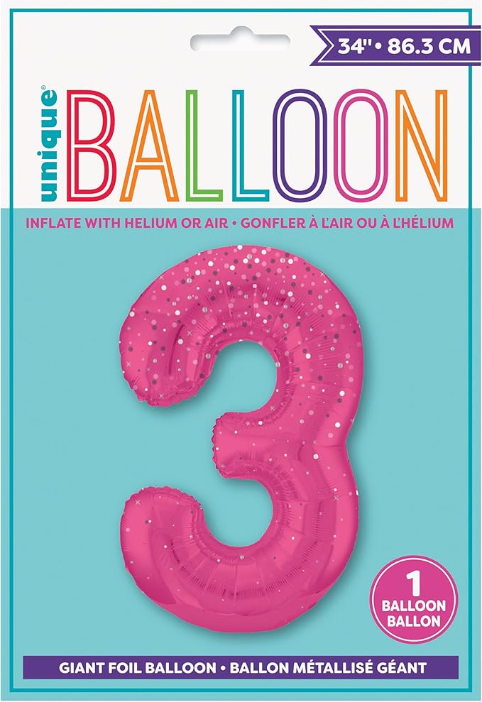 Pink Glitz Prismatic Number 3 Helium Foil Giant Balloon 86 cm / 34 inch - Image 2