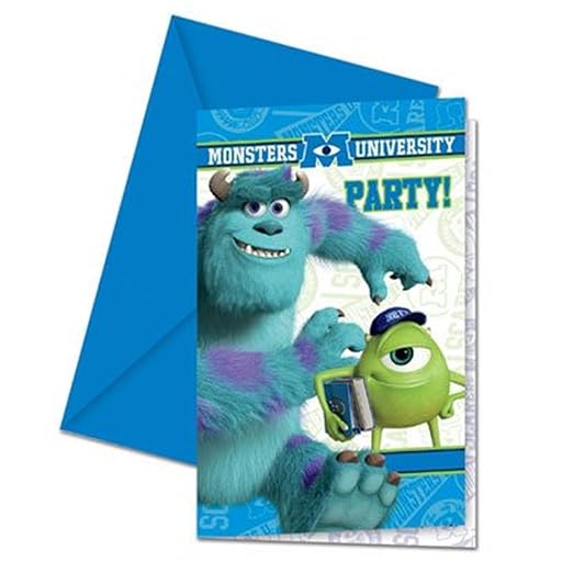 6 x Monsters University Party Invites, Envelopes