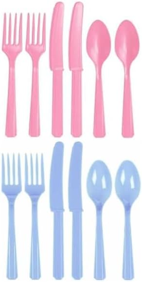 Light Pink & Light Blue Plastic Reusable Cutlery Set, Pack of 36
