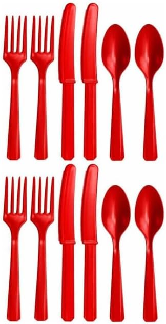 Red Plastic Reusable Cutlery Set, Pack of 36
