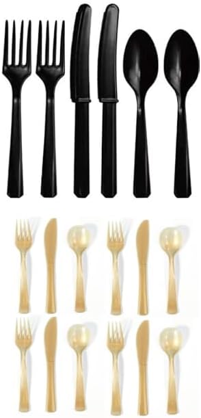 Black & Gold Plastic Reusable Cutlery Set, Pack of 36