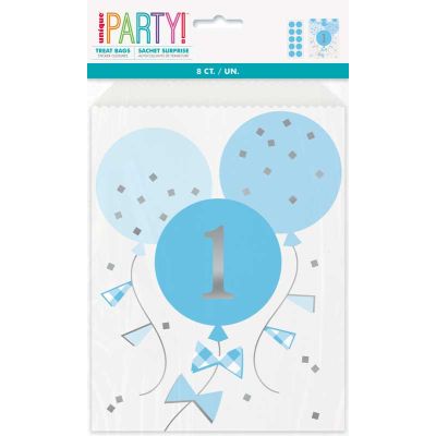 Blue Gingham 1st Birthday Paper Treat Bags, Pack of 8