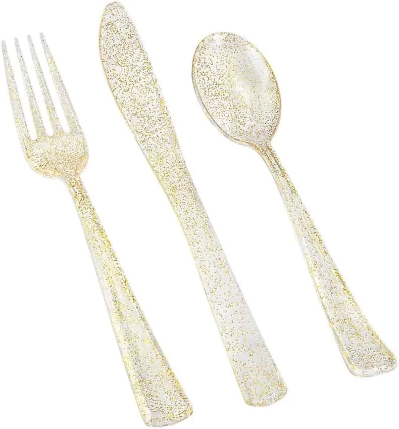 Pack of 18 Glitter Assorted Plastic Cutleries, Gold Glitter - Image 2