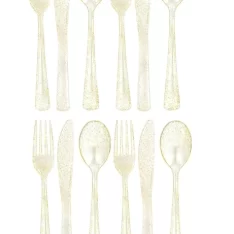 Pack of 18 Glitter Assorted Plastic Cutleries, Gold Glitter