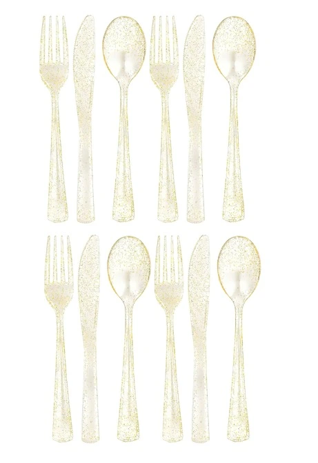 Pack of 18 Glitter Assorted Plastic Cutleries, Gold Glitter