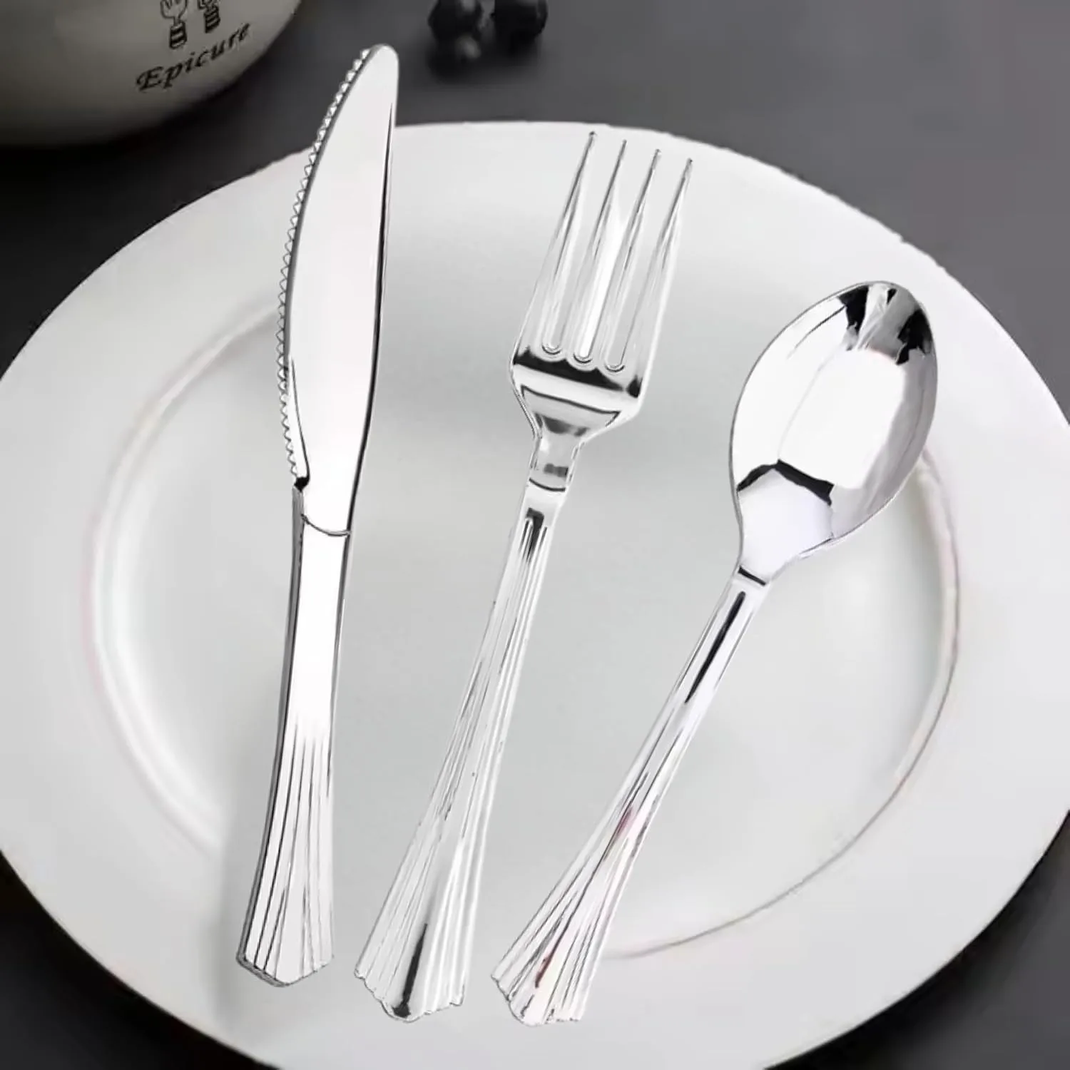 Metallic Silver Plastic Cutlery Set for 6 Guests (18 Pieces) - Image 3