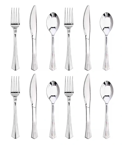 Metallic Silver Plastic Cutlery Set for 6 Guests (18 Pieces)