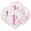 1st Birthday Biodegradable Clear Latex Balloons with Pink Confetti Inside