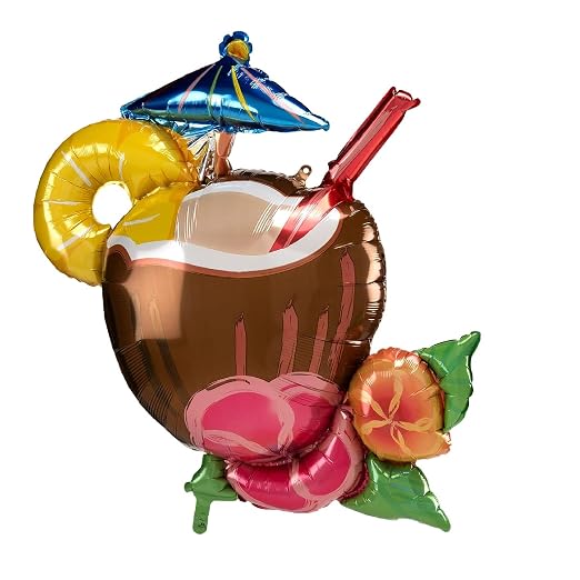 Hawaiian Party Foil Balloons with Coconut Drink, Tropical Birthday Balloon Set