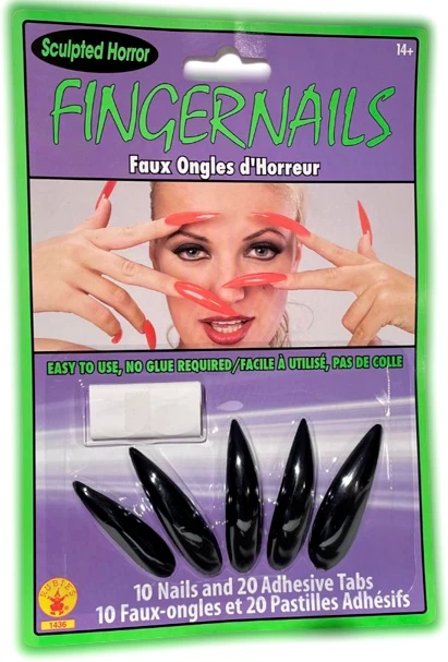 BLACK SCULPTURED LONG FINGERNAILS 10 Stick On Goth Vampire Halloween Witch Set