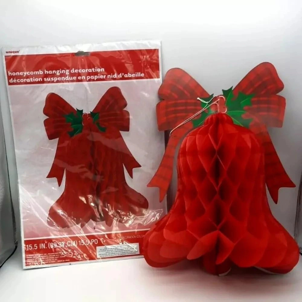 40cm Hanging Honeycomb Red Bell Christmas Decoration - Image 4
