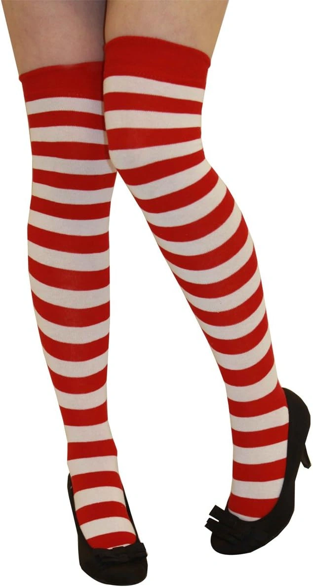 Ladies Girls Red & White Stripe Stripy Striped Over The Knee Thigh High Long Socks